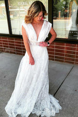 Elegant A-Line V-Neck Lace Beach Wedding Dress, Bohemian Bridal Gown