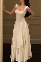 Elegant A-Line Square Neck Ankle-Length Prom Dress, Chiffon Evening Gown