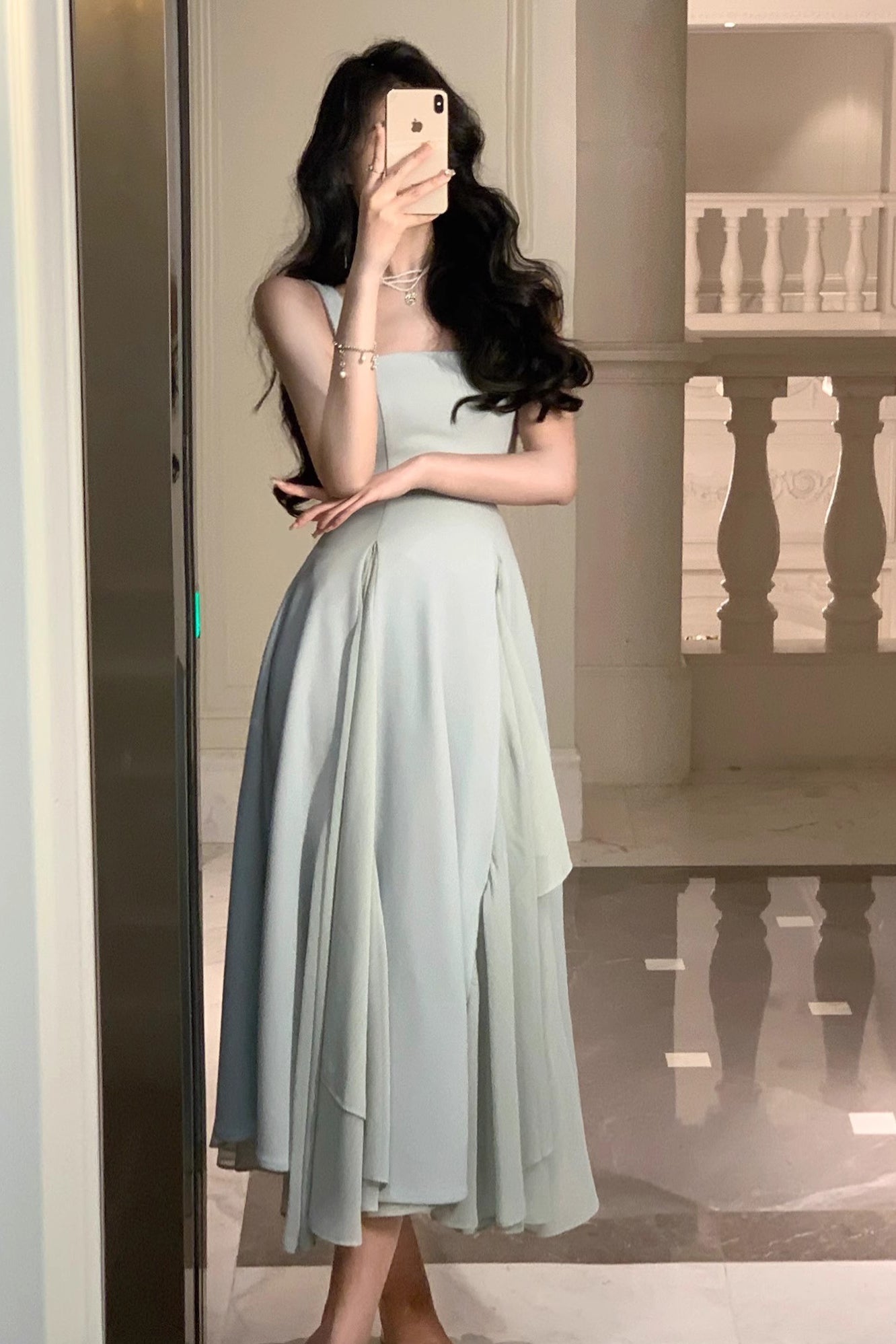 Elegant A-Line Square Neck Ankle-Length Prom Dress, Chiffon Evening Gown