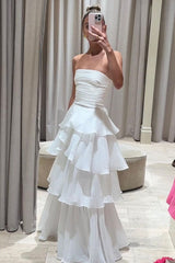 Elegant A-Line Long Tiered Prom Dress Strapless Formal Gown