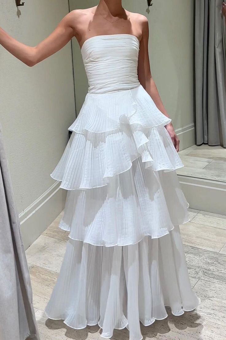 Elegant A-Line Long Tiered Prom Dress Strapless Formal Gown