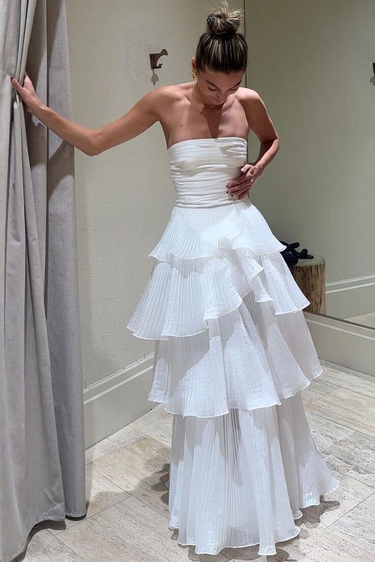 Elegant A-Line Long Tiered Prom Dress Strapless Formal Gown