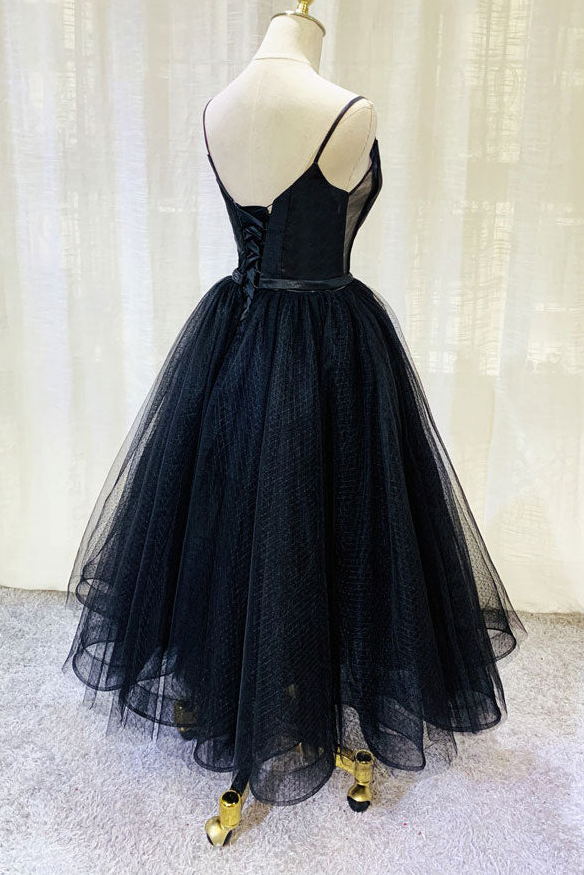 Elegant Black Tulle Tea Length Prom Dress Spaghetti Straps Party Dress