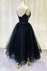 Elegant Black Tulle Tea Length Prom Dress Spaghetti Straps Party Dress