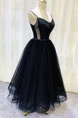 Elegant Black Tulle Tea Length Prom Dress Spaghetti Straps Party Dress