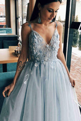 Elegant Dusty Blue Floral A-Line V-Neck Long Prom Dress