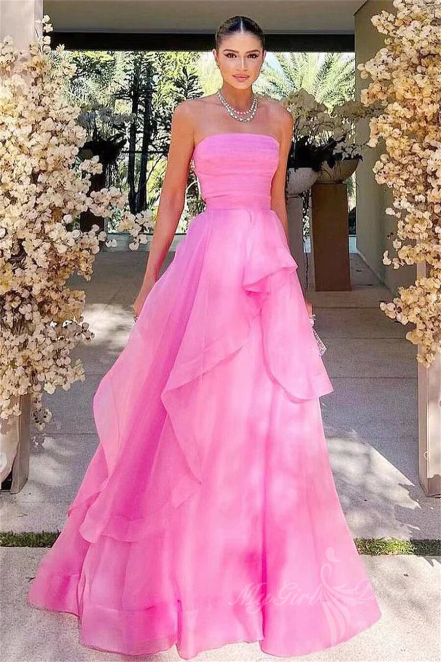 Elegant Pink Strapless A-Line Long Prom Evening Dress