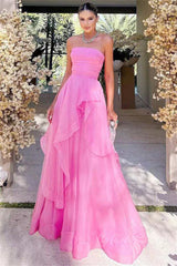 Elegant Pink Strapless A-Line Long Prom Evening Dress