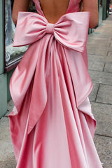 Elegant Sheath Pink Satin Long Prom Dress with Bowknot