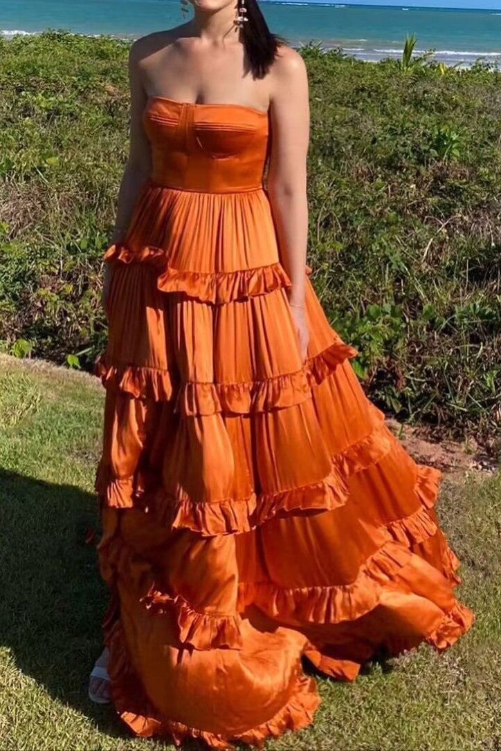 Elegant Strapless Orange A-Line Layered Satin Long Prom Dress