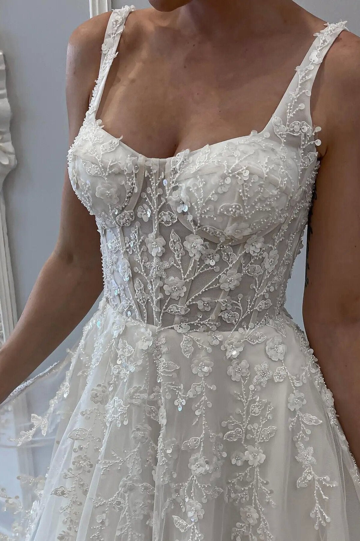 Elegant Straps Beaded Applique A-Line Backless Wedding Dress