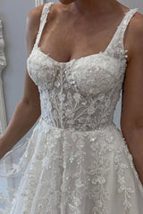 Elegant Straps Beaded Applique A-Line Backless Wedding Dress