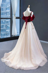 Elegant Straps Tulle and Velvet Red Long Prom Dress