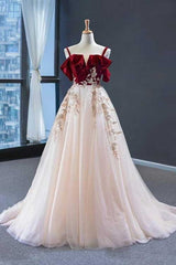 Elegant Straps Tulle and Velvet Red Long Prom Dress