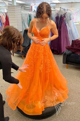 Elegant Tulle Appliques Orange Long Prom Dress, A-Line Graduation Gown