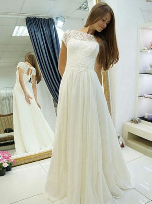 Elegant A-Line Bateau Cap Sleeve Lace Chiffon Wedding Dress