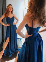 Elegant A-Line Spaghetti-Straps Satin Long Royal Blue Prom Dress with Split