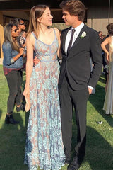 Elegant Blue Lace Prom Dresses Spaghetti-Straps Backless Party Dress
