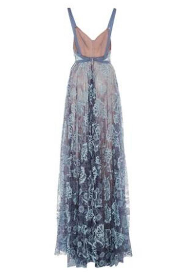 Elegant Blue Lace Prom Dresses Spaghetti-Straps Backless Party Dress