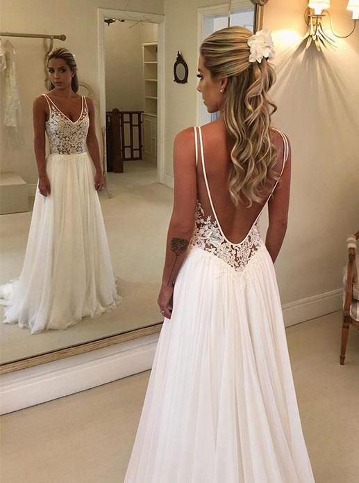 Elegant Chiffon Lace Applique Backless Beach Wedding Dress