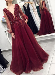 Elegant Deep V-Neck Burgundy Backless Prom Dress with Long Puff Sleeves