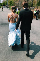 Elegant Light Blue Beaded Mermaid Backless Prom Dress