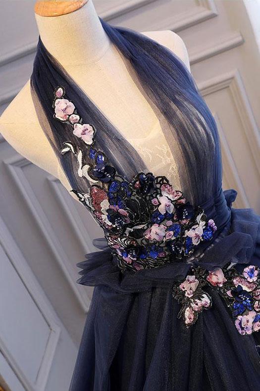 Elegant Navy Blue Long Prom Dress, Halter Floral Appliques Backless Ball Gown