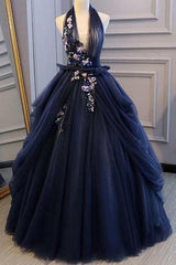 Elegant Navy Blue Long Prom Dress, Halter Floral Appliques Backless Ball Gown