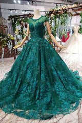 Elegant Scoop Cap Sleeves Prom Dress with Appliques, Military Ball Gown
