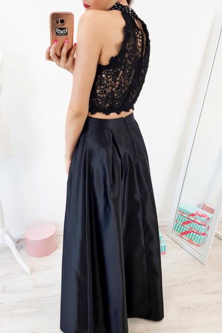 Elegant Two Piece Black Lace Prom Dress, High Neck with Beading