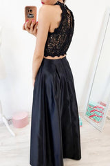 Elegant Two Piece Black Lace Prom Dress, High Neck with Beading
