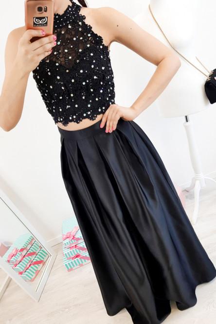 Elegant Two Piece Black Lace Prom Dress, High Neck with Beading