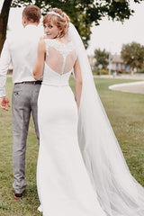 Elegant White Sheath See-Through Back Beaded Waist Wedding Dress