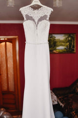 Elegant White Sheath See-Through Back Beaded Waist Wedding Dress