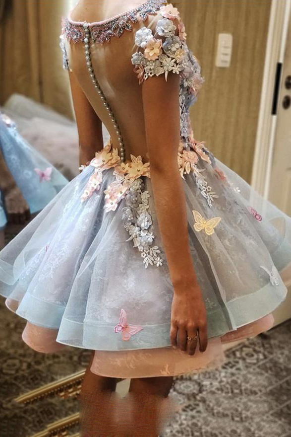 3D Flowers Embroidery Ruffles Lace Short Homecoming Dress