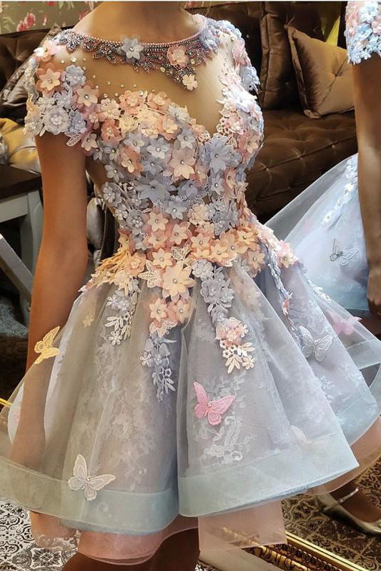 3D Flowers Embroidery Ruffles Lace Short Homecoming Dress