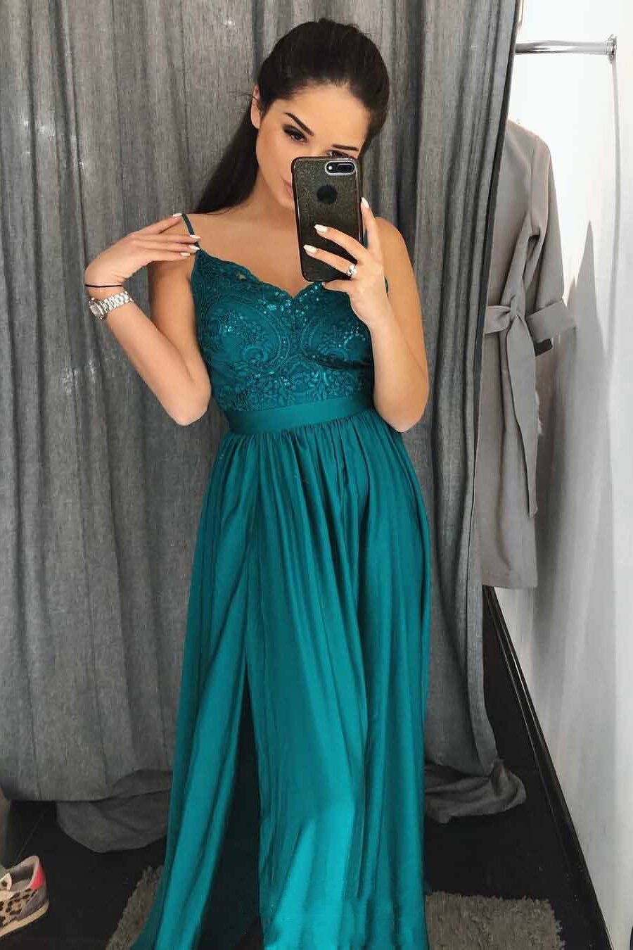 Emerald Green A-Line Spaghetti Straps Long Prom Dress