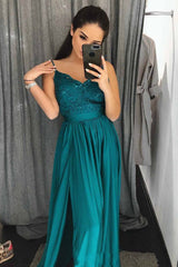 Emerald Green A-Line Spaghetti Straps Long Prom Dress