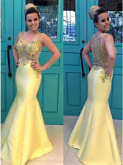 Exquisite Yellow Beaded Bodice Satin Mermaid Prom Dress