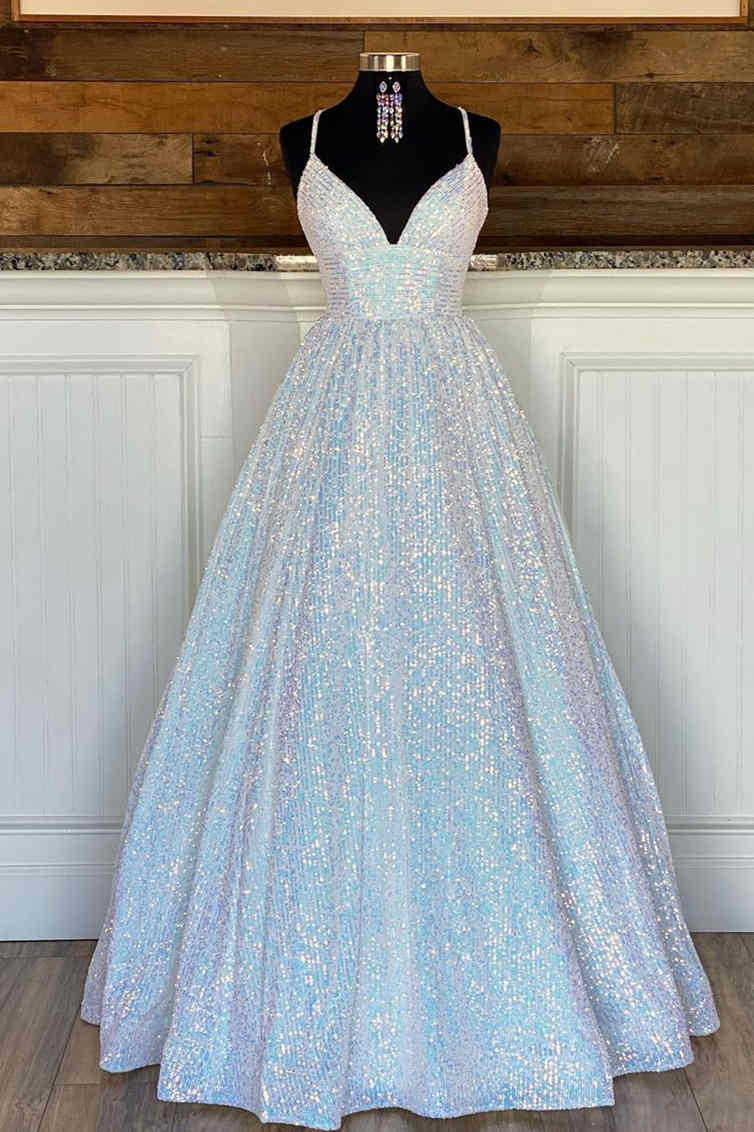Stunning A-Line Long Plus Size Prom Dresses, Sequins Formal Dress