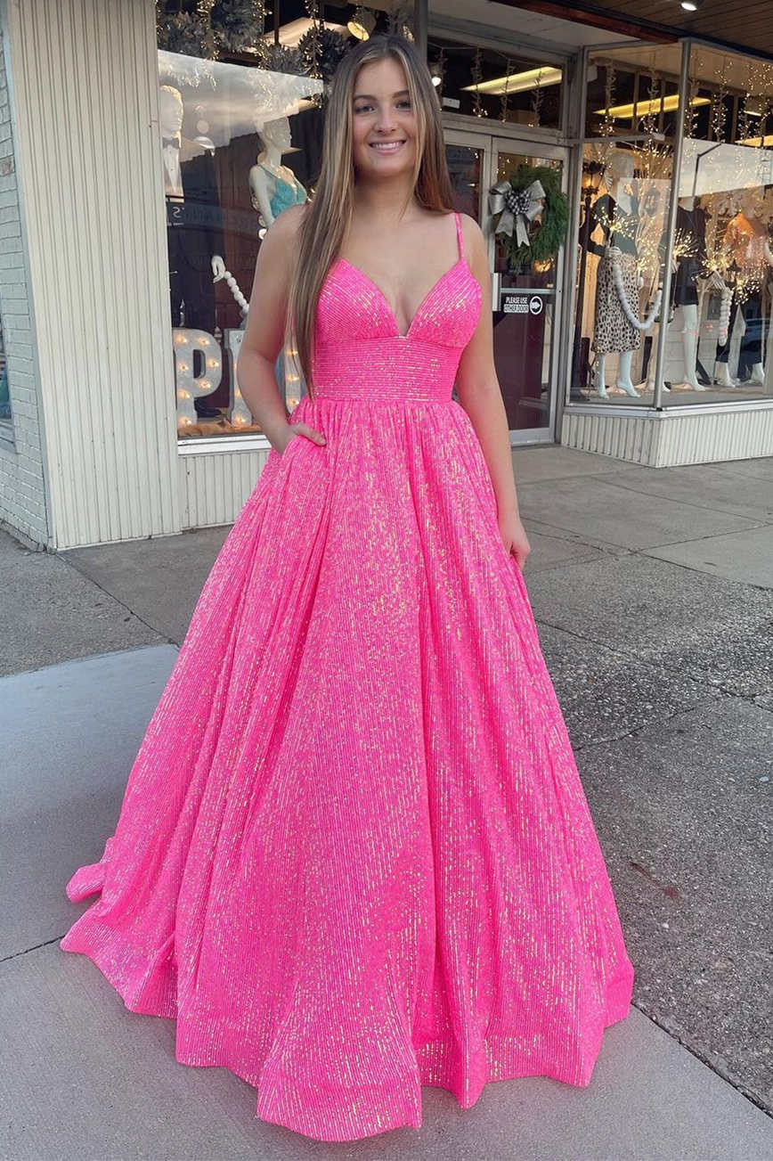 Stunning A-Line Long Plus Size Prom Dresses, Sequins Formal Dress