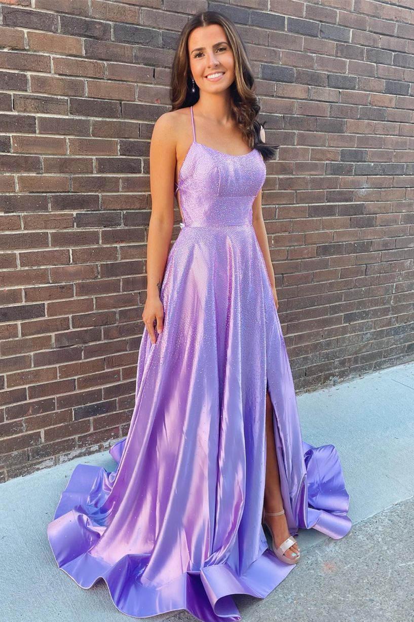 Elegant Lilac Pocket Long Prom Dress with Beading, Slit Evening Gown