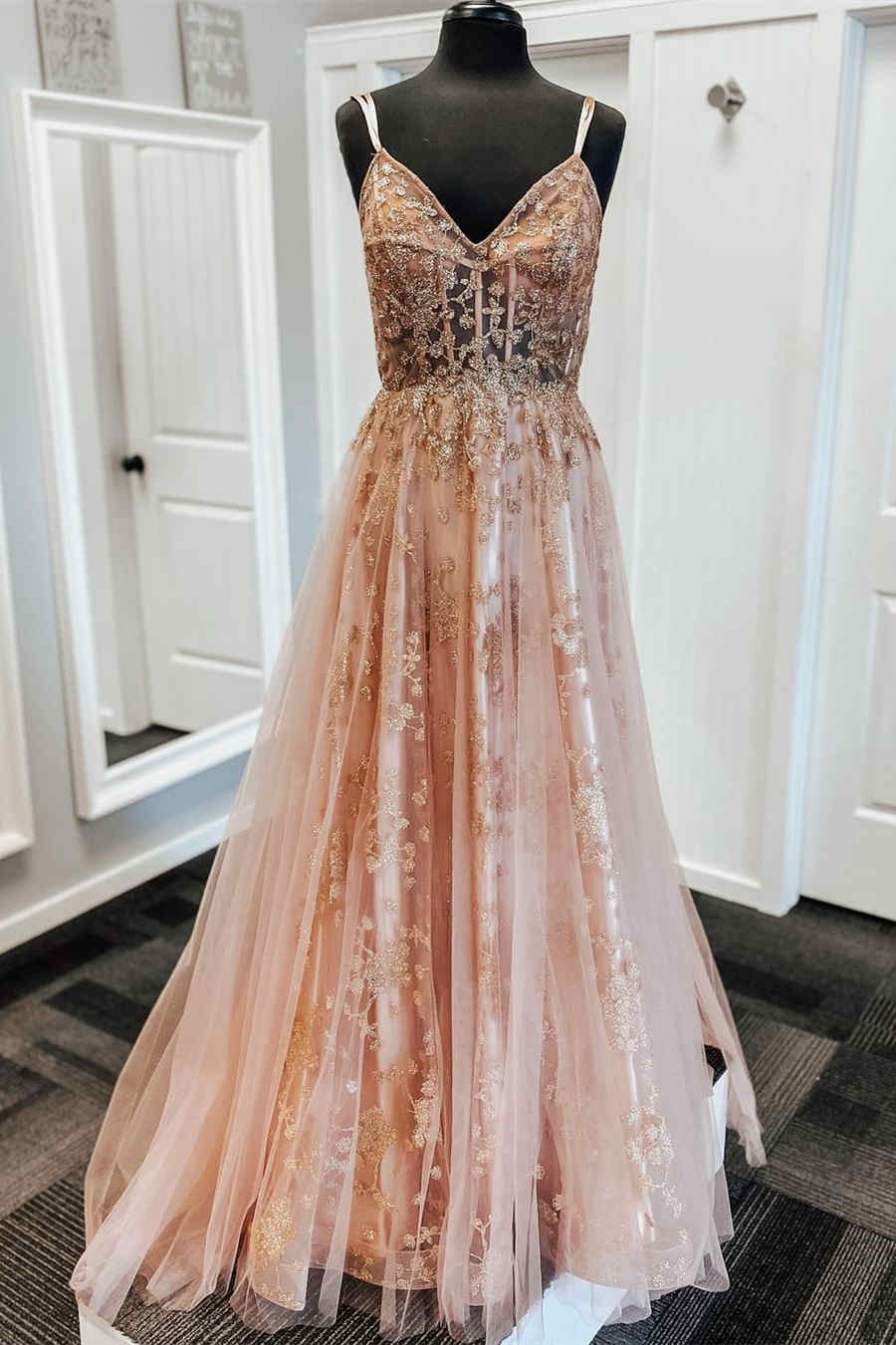 A-Line Straps Blush Pink Tulle Prom Dress with Sparkly Sequin