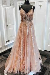 A-Line Straps Blush Pink Tulle Prom Dress with Sparkly Sequin