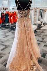 A-Line Straps Blush Pink Tulle Prom Dress with Sparkly Sequin
