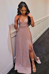 A-Line V-Neck Sparkly Pink Long Prom Dress, High Slit Evening Gown