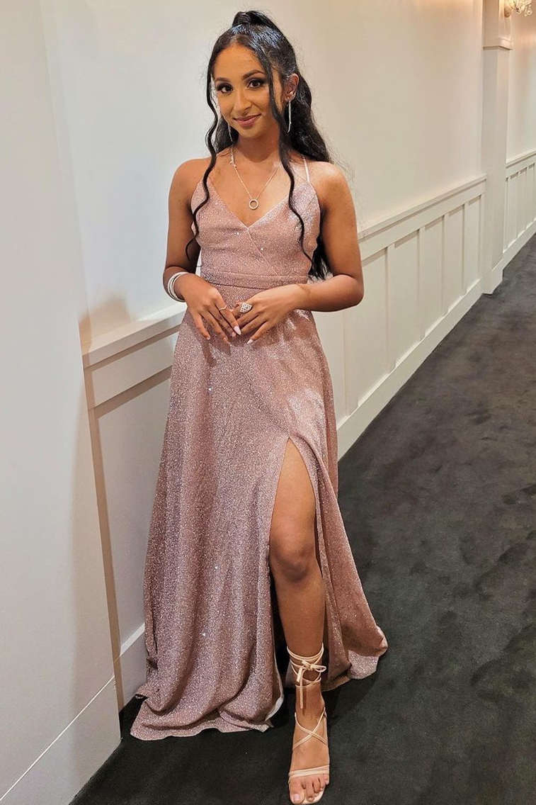 A-Line V-Neck Sparkly Pink Long Prom Dress, High Slit Evening Gown