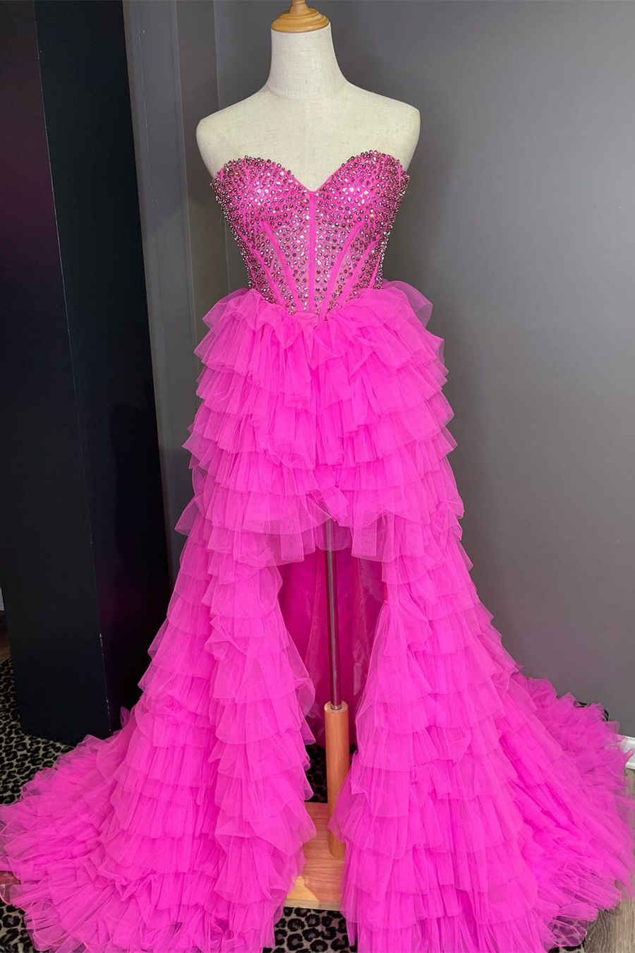 Hot Pink Hi-Low Beaded Sweetheart Prom Dresses, Tulle Tiered Formal Gown