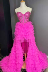 Hot Pink Hi-Low Beaded Sweetheart Prom Dresses, Tulle Tiered Formal Gown