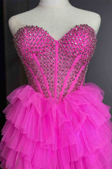 Hot Pink Hi-Low Beaded Sweetheart Prom Dresses, Tulle Tiered Formal Gown